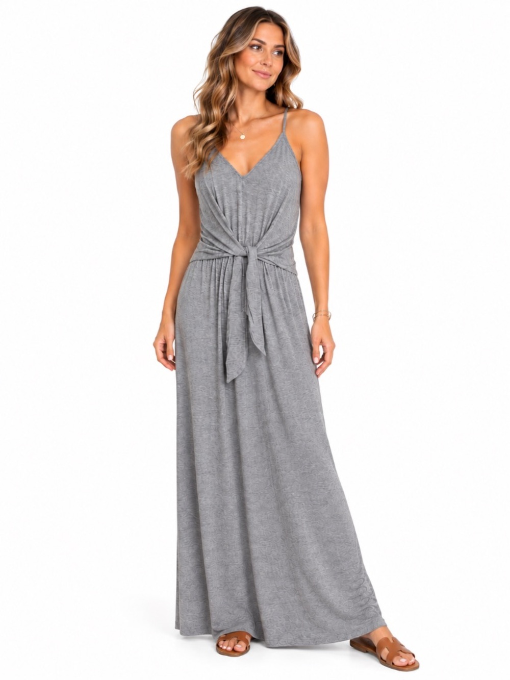 Jolie Grey Sleeveless Tie-Waist Maxi Dress Minimalist Coquette Relaxed Fit Sz. M